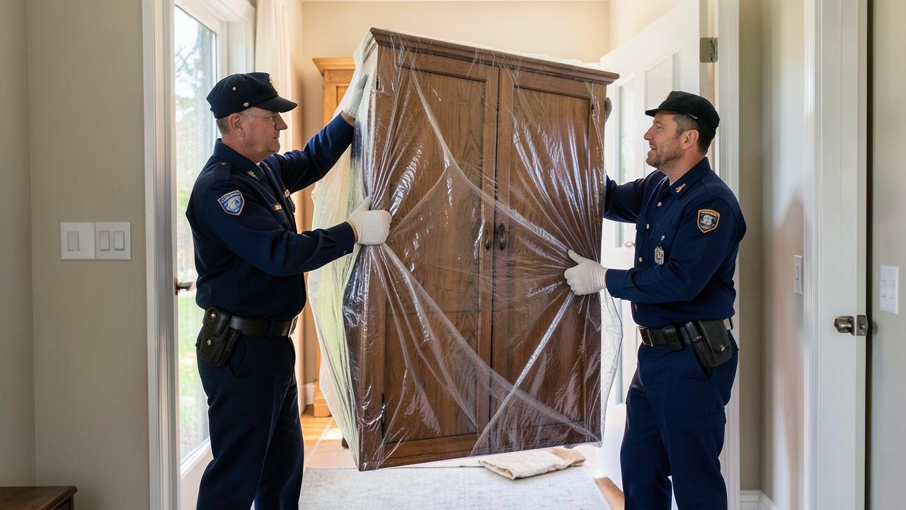Two movers carrying a wrapped wooden wardrobe through a doorway