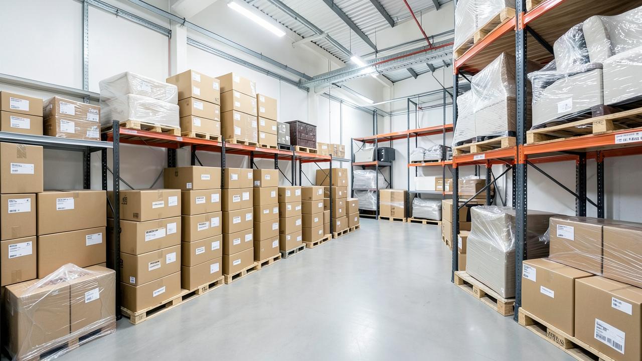 Organised storage warehouse with labelled boxes and wrapped furniture